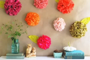 Hiasan dinding ruang tamu Menggunakan Floral dari Kertas Tisu