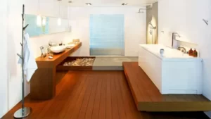 Kamar Mandi Minimalis dengan Lantai Potongan Kayu